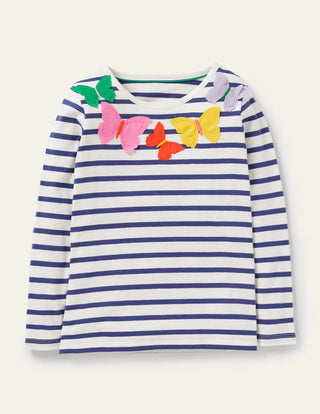 Mini Boden Girl's Flutter T-shirt in Ivory/Navy Butterflies