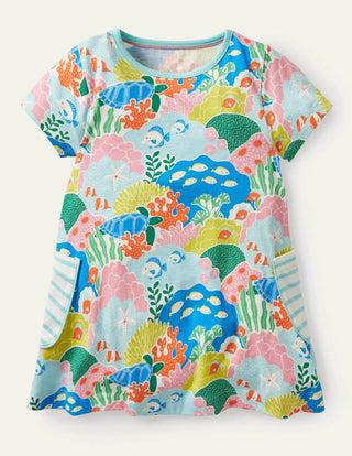 Mini Boden Girl's Short-sleeved Printed Tunic in Multi Coral Reef