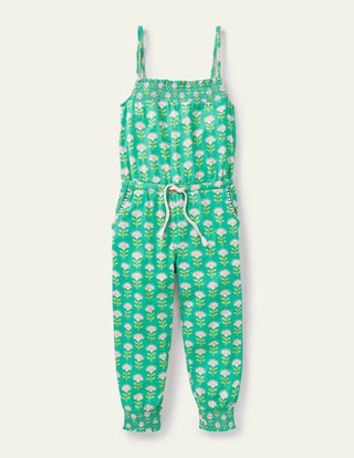 Mini Boden Girl's Jersey Tassel Tie Jumpsuit in Tropical Green