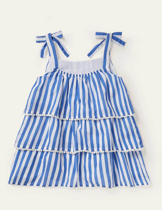 Mini Boden Girl's Tiered Detail Woven Top in Elizabethan Blue/ Ivory