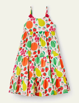 Mini Boden Girl's Tiered Tassel Dress in Multi Tutti Fruitti