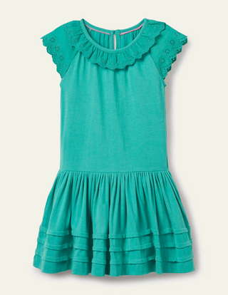 Mini Boden Girl's Broderie Detail Jersey Dress Dark in Turquoise Green