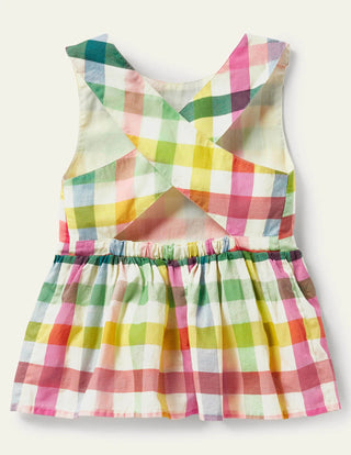 Baby Boden Cross-back Woven Top in Multi Rainbow Gingham