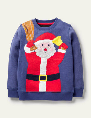 Mini Boden Girl's Cosy Front & Back Applique Festive Sweatshirt in Navy Santa