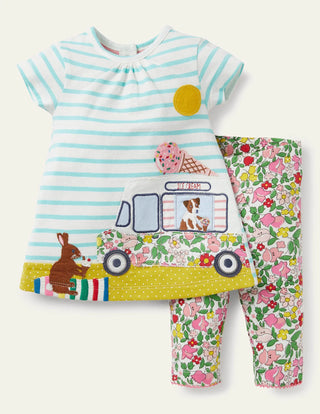 Baby Boden Applique Dress & Leggings Set in Ivory/Aqua Blue Truck