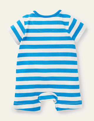 Baby Boden Short Jersey Romper in Ivory/Moroccan Blue Sprout