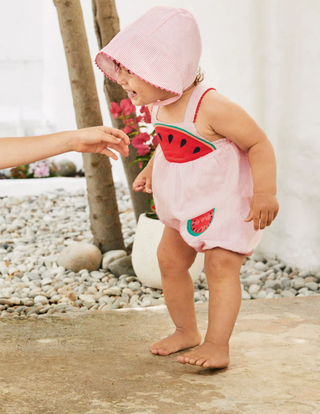 Baby Boden Fun Ticking Romper in Pink Lemonade Watermelons