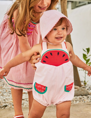 Baby Boden Fun Ticking Romper in Pink Lemonade Watermelons