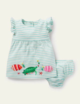 Baby Boden Applique Jersey Dress set in Ivory/Georgian Blue Fish