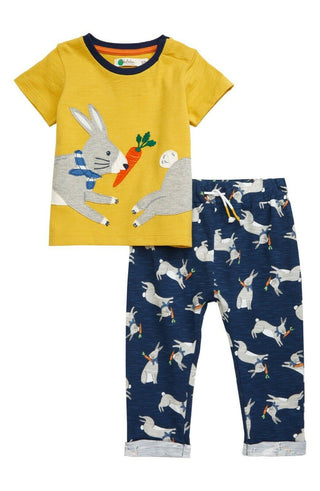 Baby Boden Baby & Toddler Bunny Hop Applique Top and Leggings Set in Yellow/ Navy