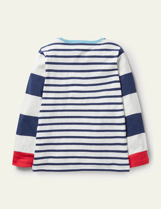 Mini Boden Applique Breton T-shirt in College Navy/Ivory Sharks