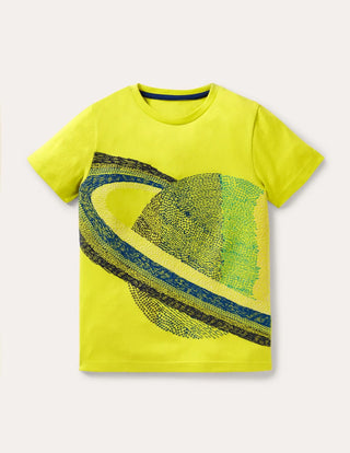 Mini Boden Boy's Superstitch T-shirt in Maximillion Yellow Planets