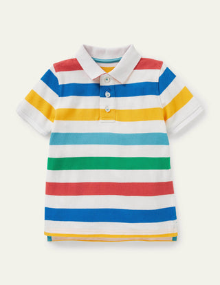 Mini Boden Boy's Pique Polo Shirt in Multi Rainbow Stripe