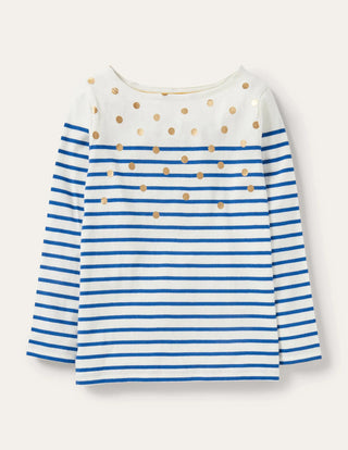 Mini Boden Girl's Everyday Breton in Ivory/Bright Blue Gold Spot