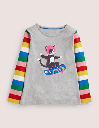 Mini Boden Girl's Graphic Rainbow T-shirt in Grey Marl Skateboarding Cat