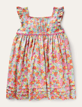 Mini Boden Girl's Frill Sleeve Jersey Dress in Multi Tropical Flowerbed