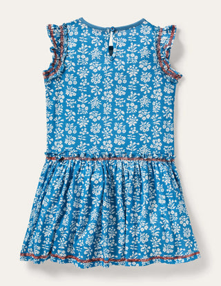 Mini Boden Girl's Frill Detail Cotton Jersey Dress in Bahama Blue/ Ivory Woodblock (Slightly Defect)