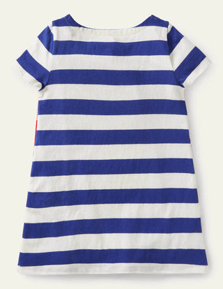 Mini Boden Girl's Short Sleeve Applique Tunic in Blue Wave/Ivory Seahorse