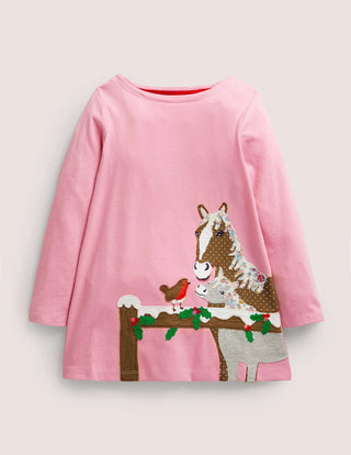 Mini Boden Girl's Long Sleeve Fun Applique Tunic in Formica Pink Horses