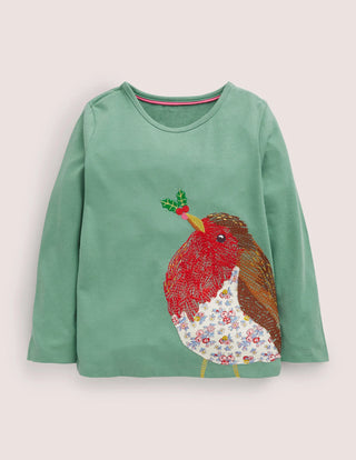 Mini Boden Girl's Long Sleeve Superstitch T-Shirt in Csarite Green Robin