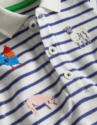 Mini Boden Fun Pique Polo Shirt in Ivory/Starboard Farm Animals