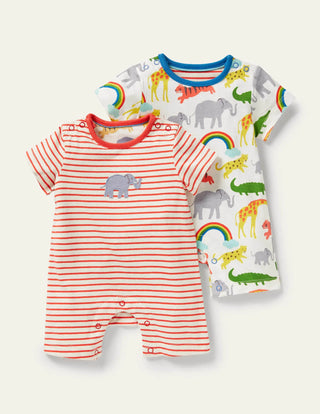 Baby Boden Twin Pack Jersey Rompers Ivory Rainbow Jungle