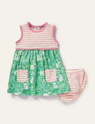 Baby Boden Sleeveless Jersey Dress and Knicker Set in Aloe Green Elephant Palm