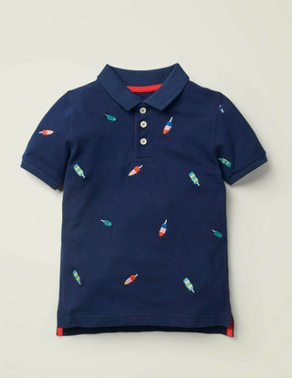 Mini Boden Boy's Embroidered Pique Polo Shirt in College Navy Rainbow Lollies