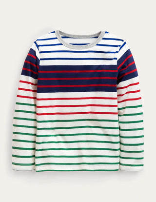 Mini Boden Boy's Fun Breton T-shirt in Ivory/Cabana Blue