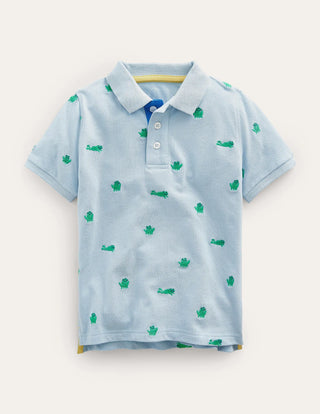 Mini Boden Boy's Embroidered Pique Polo Shirt in Surfboard Blue Frogs