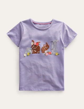 Mini Boden Girl's Superstitch Logo T-Shirt in Misty Lavender Bunnies (Slightly Defect)