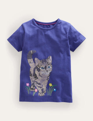 Mini Boden Girl's Superstitch Logo T-Shirt in Starboard Blue Cat