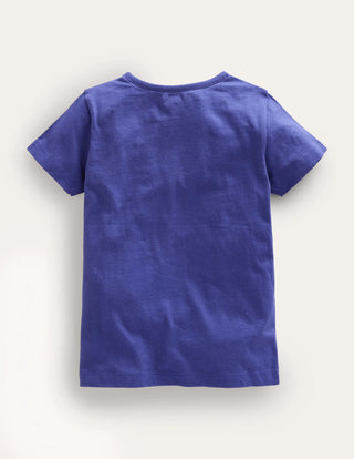 Mini Boden Girl's Superstitch Logo T-Shirt in Starboard Blue Cat