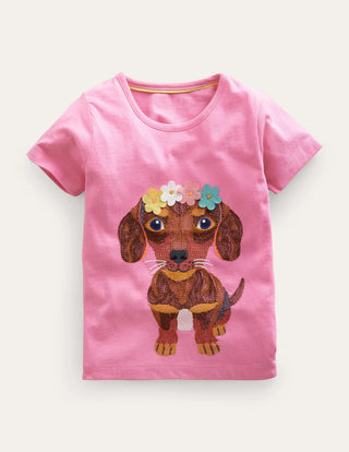 Mini Boden Girl's Superstitch Logo T-Shirt in Cameo Pink Puppy