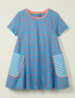 Mini Boden Girl's Short-Sleeved Printed Tunic Dress in Blue Strawberry