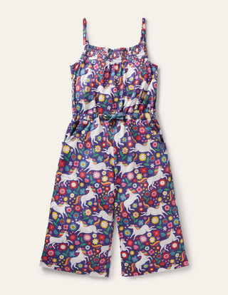 Mini Boden Girl's Wide Leg Adjustable Jersey Jumpsuit in Bluebell Small Unicorn Floral