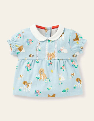 Baby Boden Baby Short Sleeve Pets Collared Top in Blue Garden