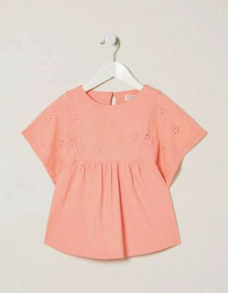 Fat Face Girl's Drop Shoulder Broderie Tee in Blush Pink