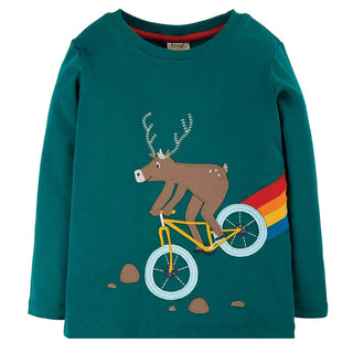 Frugi Boy's Long Sleeve Adventure Applique Top in Teal Green/Deep Spruce Moose