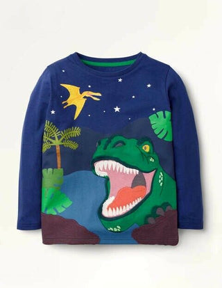 Mini Boden Boy's Long Sleeve Adventure Applique T-shirt in Blue T-Rex Dino