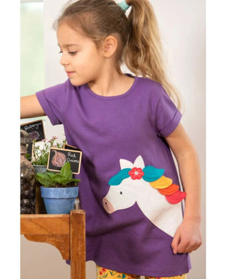 Frugi Girl's Short Sleeve Sophie Applique Top in Purple/Thistle & Horse