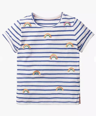 Mini Boden Girl's Stripy Rainbow Embroidered T-Shirt in Blue/Ivory (Slightly Defect)