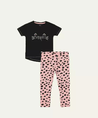 Mothercare Girls' Spotted Animal Printed Pyjama Set in Pink/Black Cat Spot