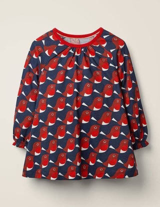 Mini Boden Girls' Holiday Bird Printed Tunic in Blue/Mlt