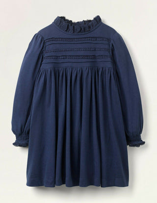 Mini Boden Girl's Embroidery Pin Tuck Jersey Dress in College Navy