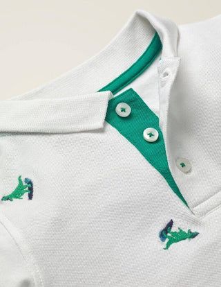 Mini Boden Boy's Embroidered Pique Polo T-Shirt in White Dino (Slightly Defect)