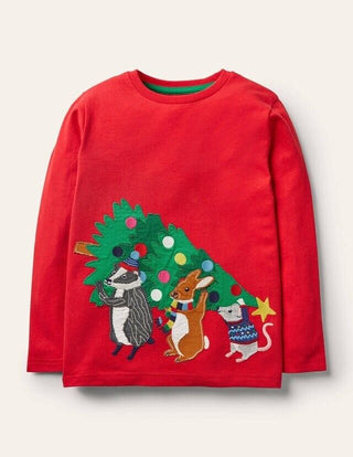 Mini Boden Boy's Long Sleeve Festive Animal Applique T-Shirt in Rockabilly Red