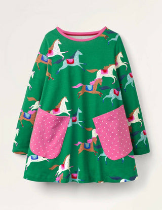 Mini Boden Girl's Printed Jersey Pocket Tunic in Highland Green