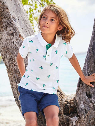 Mini Boden Boy's Embroidered Pique Polo T-Shirt in White Dino