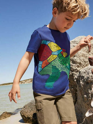 Mini Boden Boy's Stitched Super stitch Reptile T-Shirt in Blue Turtle